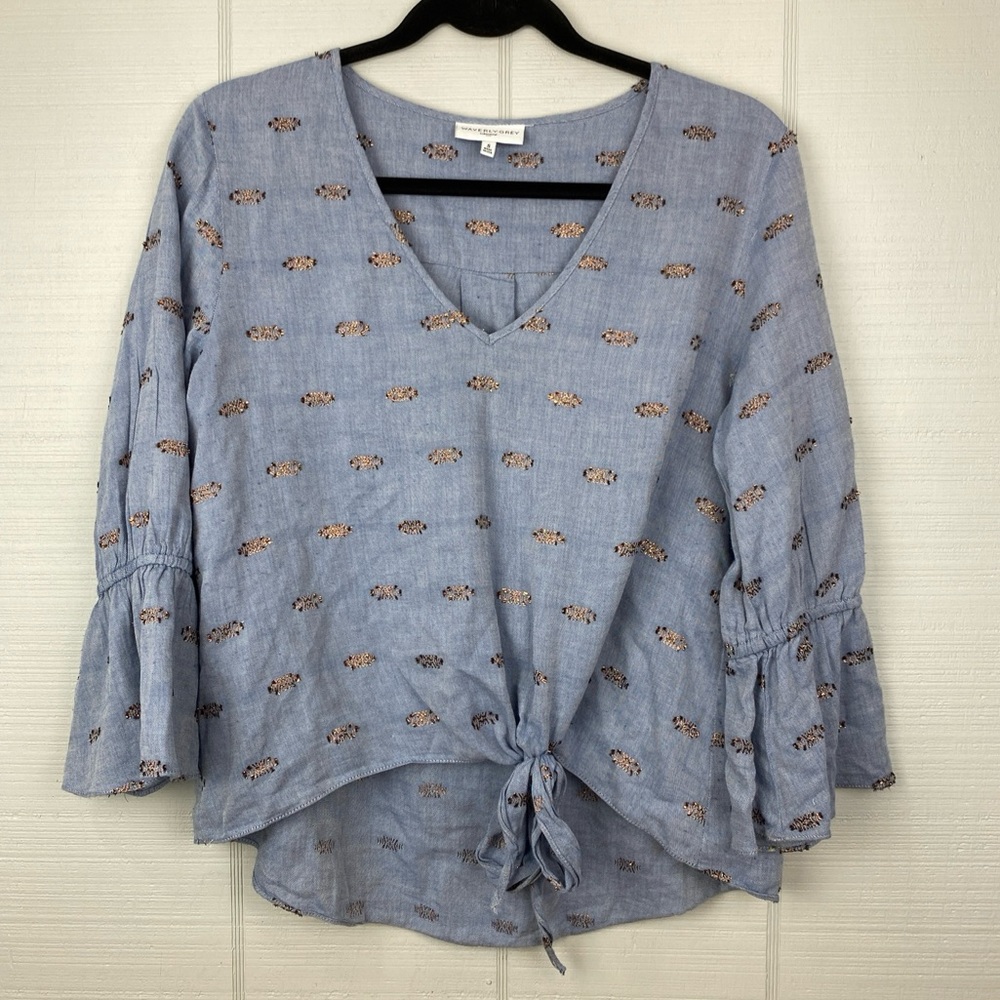 Waverly Grey Blue High-low Tie Front V-neck Top Metallic Woven Accents S